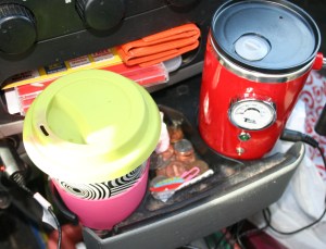 One mug has my morning coffee and one mug has my soup for lunch!