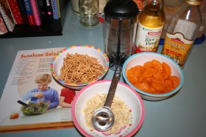 Ingredients were appropriately placed in Dora, Little People and Strawberry Shortcake bowls for easy management.