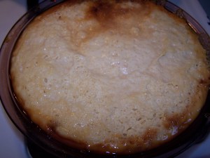 This is how our flan looked when it came out of the oven, before we flipped it over.
